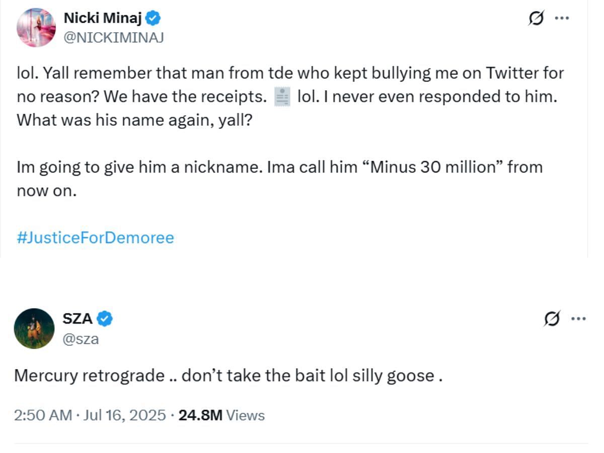 (Image via X/@NICKIMINAJ, @sza)